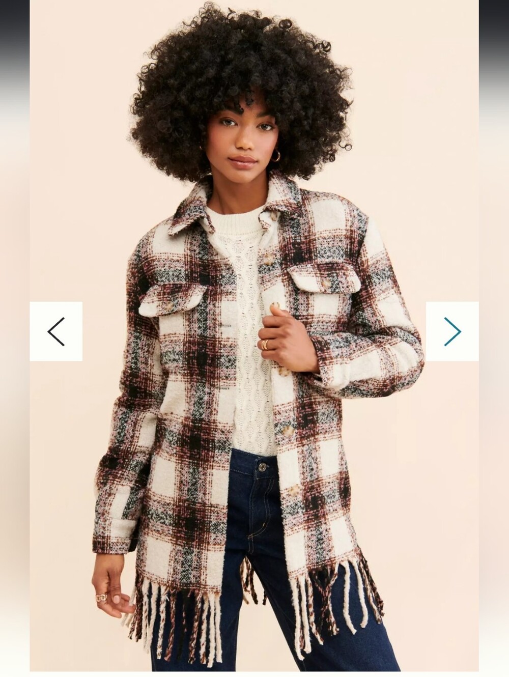 Anthropologie Avec Les Filles Plaid Fringe Shacket in Cream and Brown